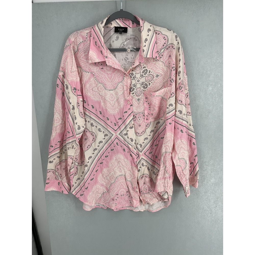 VICI Womens Button Down Top Pink Bandana Paisley Relaxed Fit Large - Picture 2 of 6